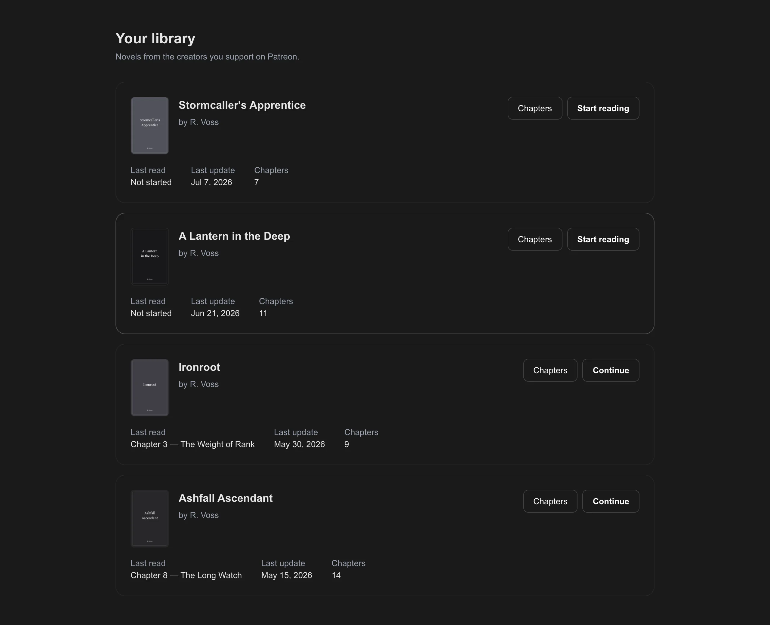 progread library: followed novels with covers and continue-reading buttons