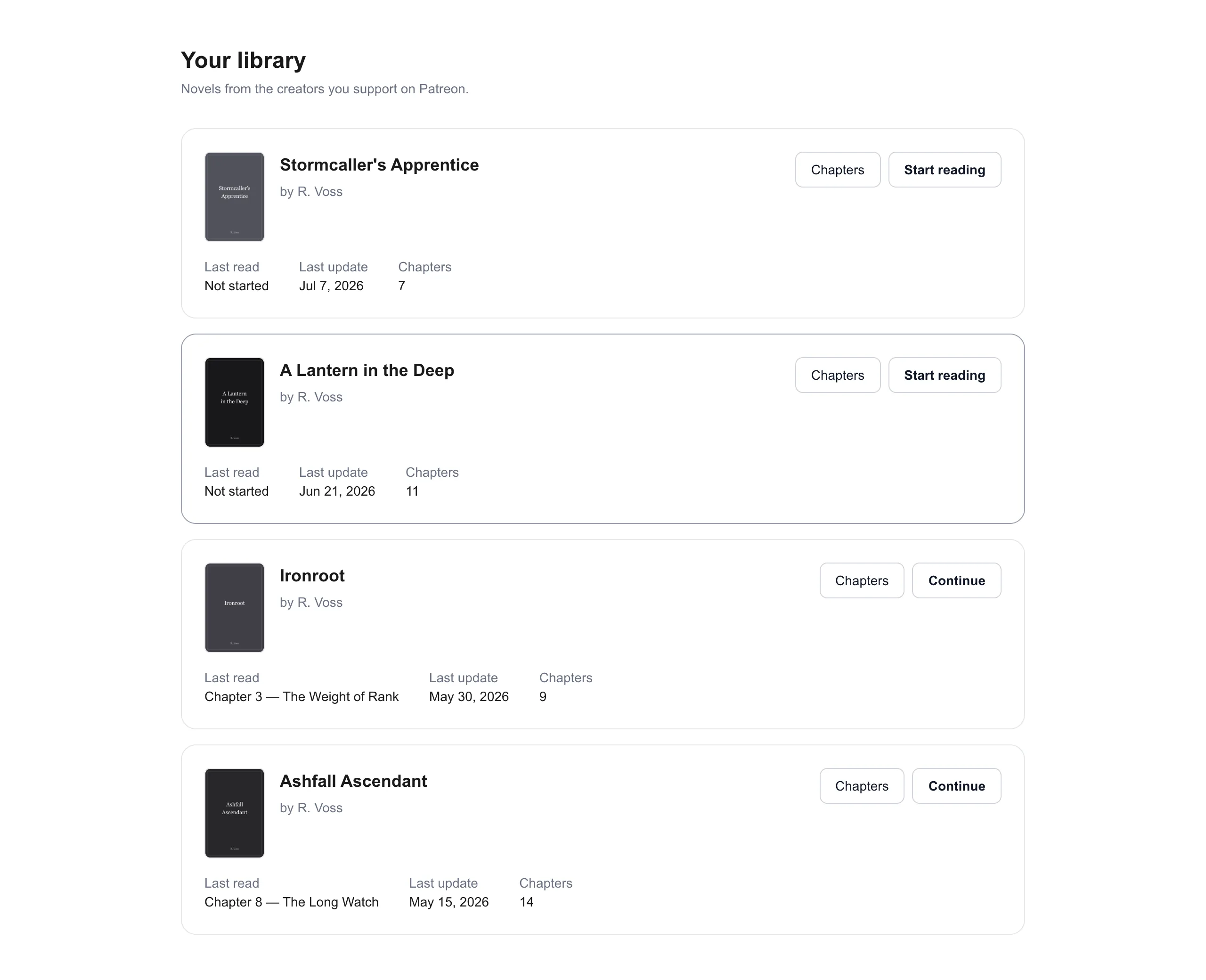 progread library: followed novels with covers and continue-reading buttons